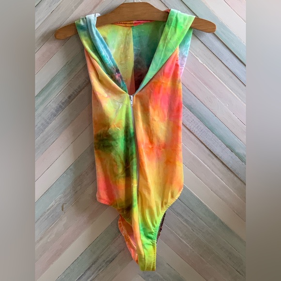 Festival club wear custom tie dye velvety spandex body suitoversized hood. - Picture 2 of 5